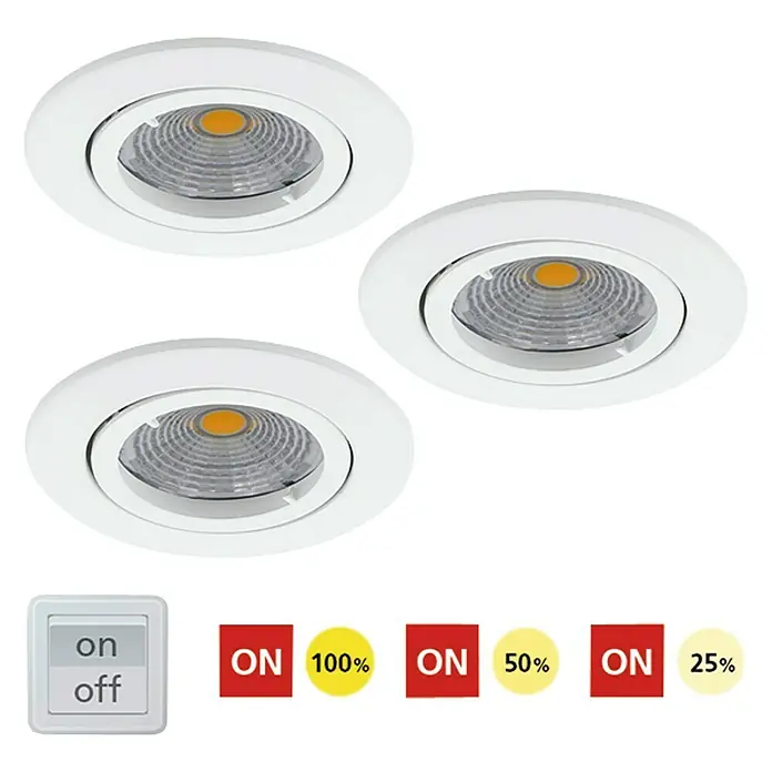 Eglo LED-Einbauleuchten-Set rund TEDO 1 - 4,8 W, Weiß, Warmweiß - Drei LED-Einbaustrahler in Weiß mit verschiedenen Helligkeitsstufen (100%, 50%, 25%) und einem Schalter zum Ein- und Ausschalten.