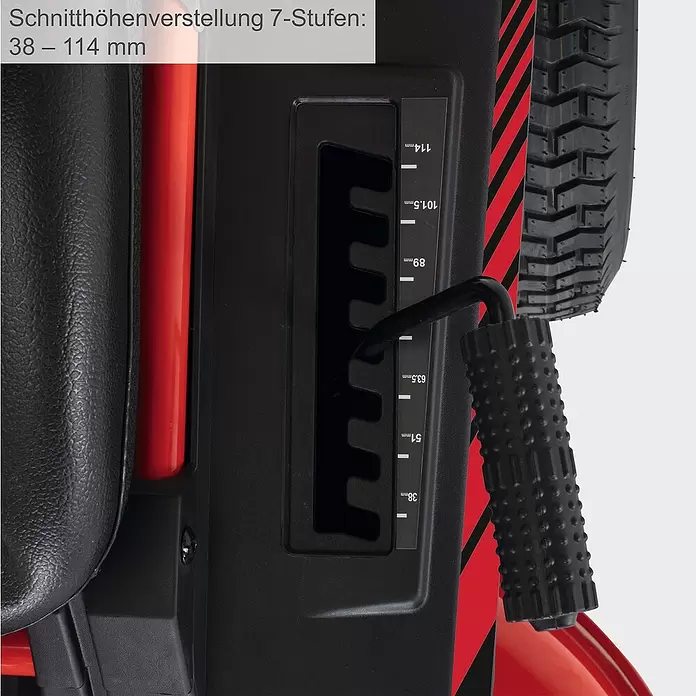 Scheppach Akku-Aufsitzmäher MR920-E - 48 V, 75 Ah, Schnittbreite: 92 cm, Max. Flächenempfehlung: 2.000 m² - Schwarzer 7-Stufen-Schnitthöhenverstellhebel mit strukturiertem Griff, Einstellungen von 38 bis 114 mm.
