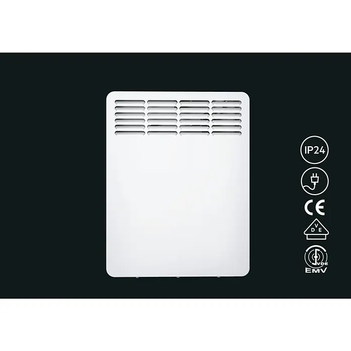 AEG Konvektorheizung Wandmontage - 500 W, Raumheizvermögen: 6 m², Alpinweiß - Nahaufnahme eines weißen Heizpaneels mit Lüftungsschlitzen und den Kennzeichnungen IP24, CE und VDE EMV auf schwarzem Hintergrund.