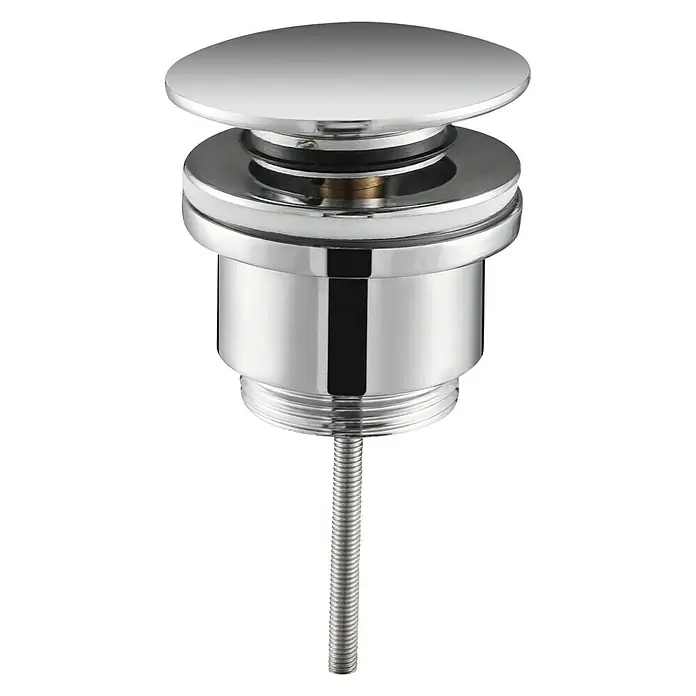 Imex Válvula click clack - 1¼'', Latón, Cromo - Primer plano de un tapón de lavabo cromado brillante con varilla roscada.