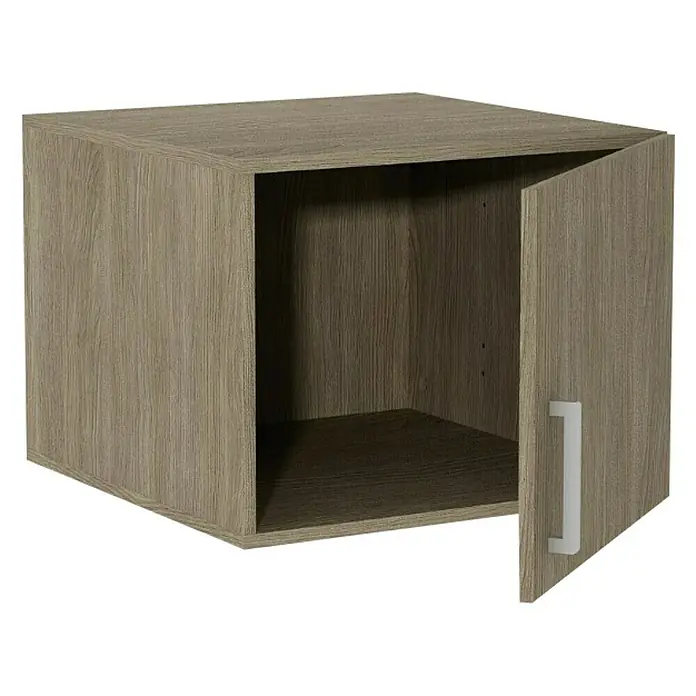 Finsa Organiza-T Módulo de armario - L x An x Al: 50 x 100 x 38 cm, Marrón, Plástico - Un armario de pared abierto con aspecto de madera y un tirador blanco en la puerta, que ofrece almacenamiento y un mueble elegante.