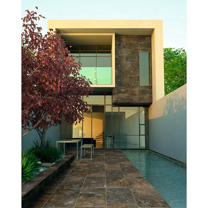 Pavimento cerámico Clift - 33,3 x 33,3 cm, Oxidado, Mate - Fachada de una casa moderna con baldosas de gran formato que ofrecen un aspecto elegante y contemporáneo. El área exterior está diseñada con estilo.