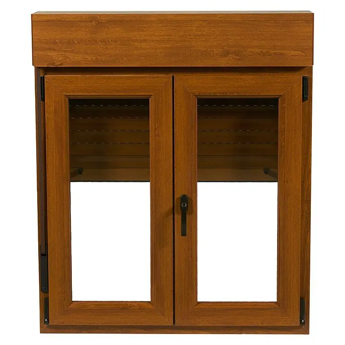 Solid Elements Ventana de PVC practicable-oscilobatiente - 100 x 118 cm, Derecha, Roble oscuro - Ventana marrón con persiana enrollable, parcialmente abierta, que deja entrar la luz a través de las persianas. Ideal para cualquier hogar.