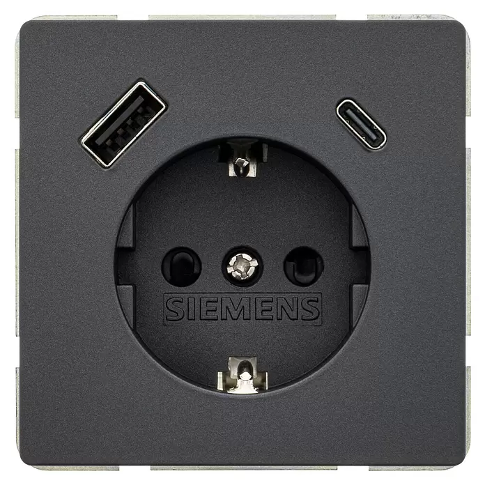 Siemens Delta Style USB-Steckdose SIE044431 - Anthrazit Cosso, Glänzend, Kunststoff, Unterputzmontage - Dunkelgraue Siemens Steckdose mit Schuko-Anschluss, USB-A und USB-C Ladebuchsen.