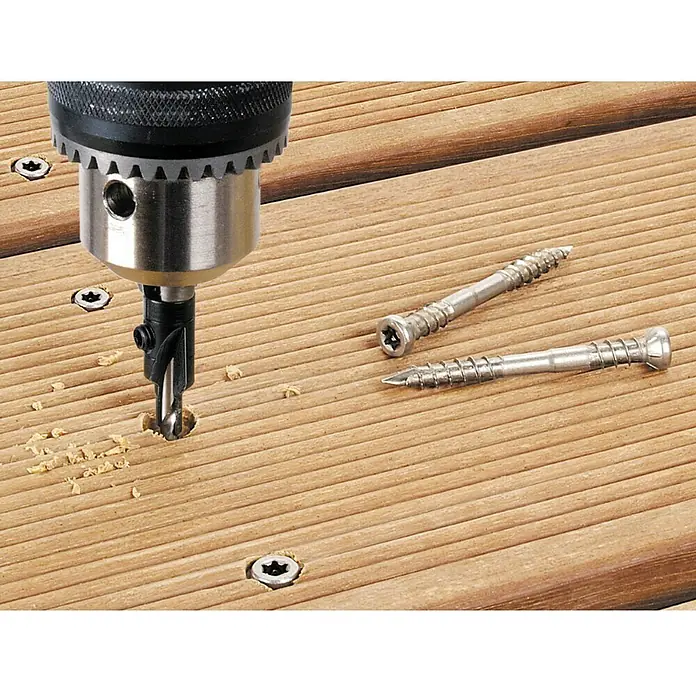 Wolfcraft Broca para madera con avellanador 4,5 - 11 mm - 1 ud., Diámetro de la broca: 150 mm - Broca de madera con avellanador en uso sobre cubierta de madera, tornillos listos.