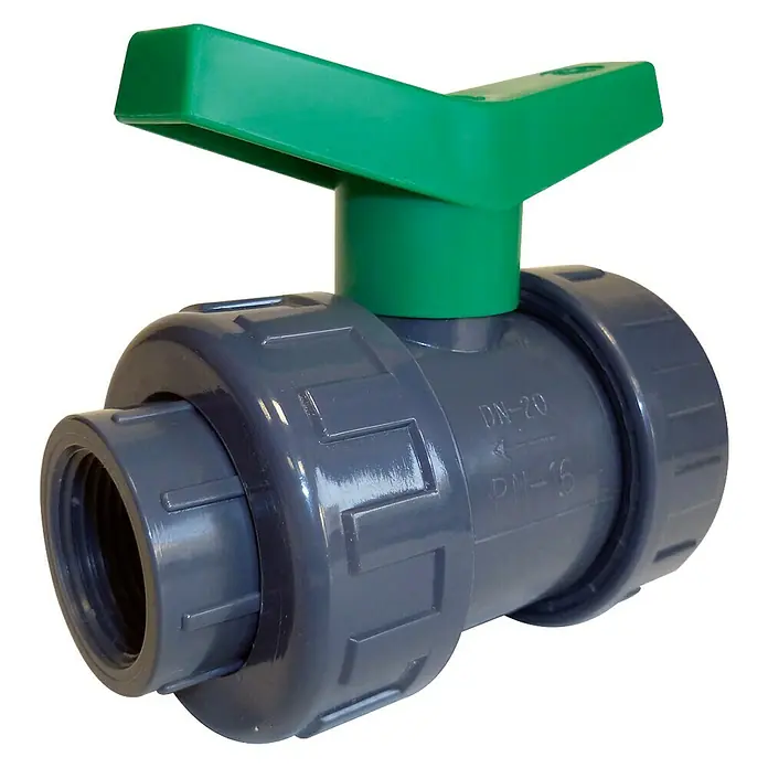 Válvula esférica de rosca - ½″, Riego de jardín - Válvula de bola de PVC gris con manija verde, ideal para aplicaciones de agua. Construcción robusta para un rendimiento fiable.