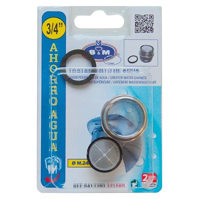 Adaptador para grifo macho - Rosca exterior: ¾″, Latón, Macho - Embalaje del producto para un aireador de grifo de 3/4" para ahorrar agua con diferentes accesorios y sellos.