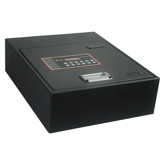 Arregui Caja fuerte Basa 20000-S7 - 38 x 31 x 11 cm, Cerradura de combinación electrónica - Imagen de una caja fuerte de seguridad Arregui negra con teclado digital para almacenamiento seguro.