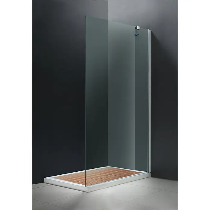 Mampara de ducha fija Jaluit - An x Al: 90 x 190 cm, Cromo - Elegante cabina de ducha con panel de vidrio claro y base con aspecto de madera, que mejora el diseño moderno del baño con un espacio de ducha lujoso.