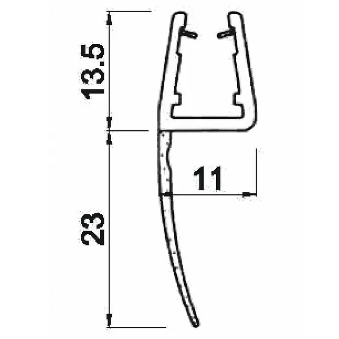 Perfil de sellado recto L - 200 x 1,02 x 3,6 cm, Transparente - Ilustración de un perfil de sellado con dimensiones de 23 mm de altura y 13,5 mm de ancho, incluyendo una ranura de montaje de 11 mm de ancho.