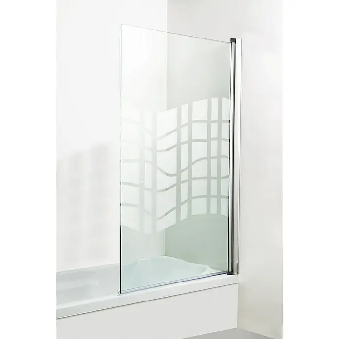 Mampara para bañera Ondas cromo - An x Al: 91 x 140 cm, 1 ud., Plata brillo - Esta imagen muestra una mampara de ducha con un diseño decorativo que recuerda a una ventana. La mampara de ducha es transparente y enmarca una bañera.