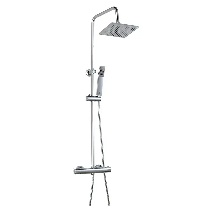 Rousseau Sistema de ducha Nessy cuadrado - Con grifo termostático, Número de tipos de chorro: 1 ud., Cromo - Columna de ducha con cabezal cuadrado y ducha de mano, diseño elegante para baños modernos.\n