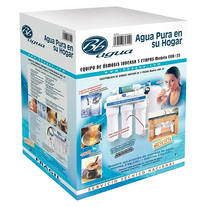 Bb agua Equipo de ósmosis inversa EUR 35 - Caudal: 6,3 l/h - Caja del producto para el sistema de ósmosis inversa BB Agua EUR-35, prometiendo agua pura para su hogar, detallando sus características.