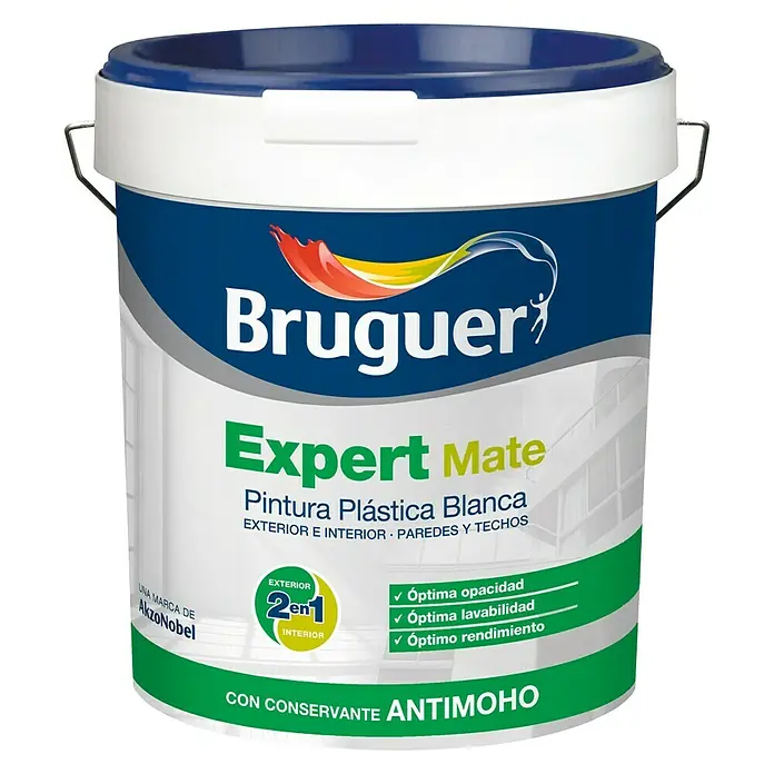 Bruguer Pintura para paredes y techos Expert - Blanco, Reluciente, 15 l - Pintura Bruguer Expert Mate, pintura plástica blanca mate para interiores y exteriores, ideal para paredes y techos.