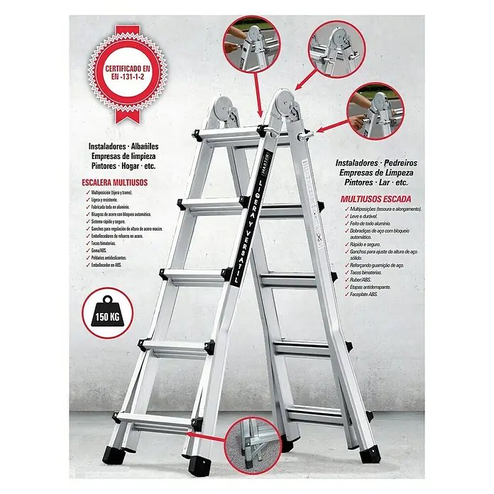 Escalera deslizante Master 5 - Número de peldaños: 10 ud., Altura de trabajo: 4 m, Carga soportada: 150 kg, Aluminio - Imagen de una escalera multiposición versátil, destacando su ligera construcción de aluminio y las robustas bisagras de acero para seguridad.