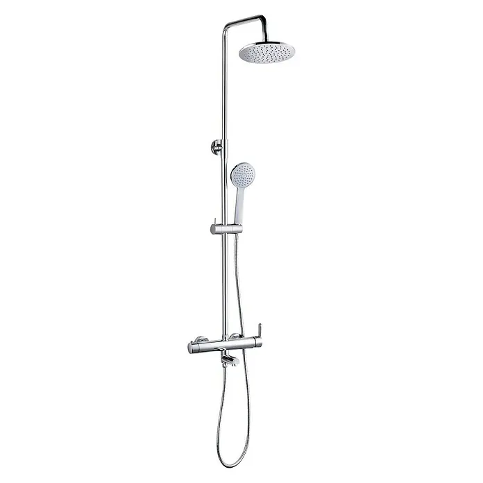 Rousseau Sistema de ducha y bañera Radiance - Con grifo monomando, Distancia entre orificios: 15 cm, Número de tipos de chorro: 1 ud., Cromo - Sistema de ducha cromado con rociador redondo, ducha de mano y mezclador termostático.