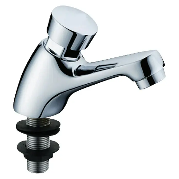 Grifo con temporizador 1 agua - Color: Cromo - Un grifo cromado brillante con un diseño redondo moderno, ideal para baños o cocinas.