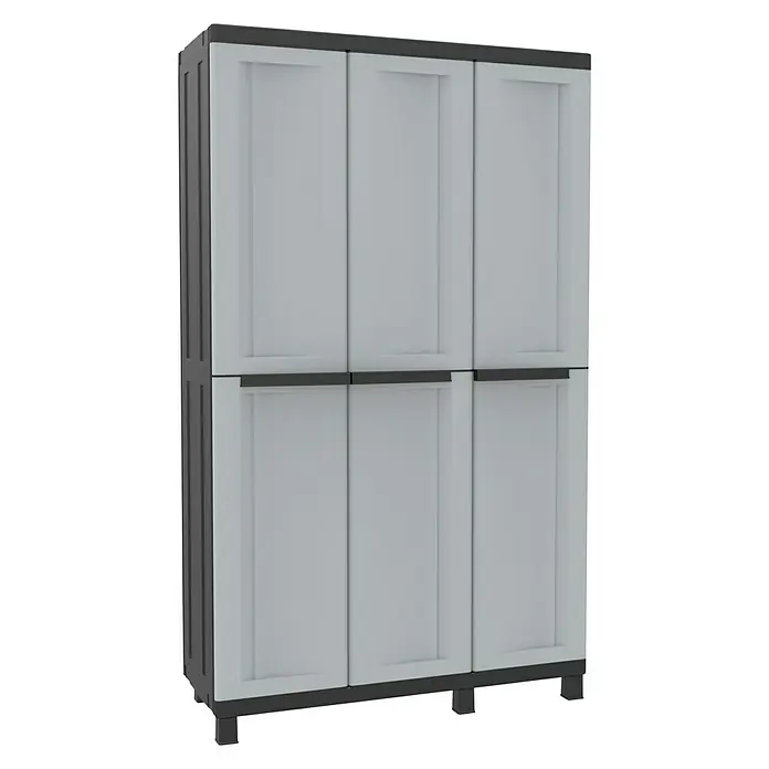 Terry Kunststoff-Mehrzweckschrank Twist Black 102A - L x B x H: 39 x 102 x 170 cm - Abbildung eines hohen, grauen Kunststoffschranks mit sechs Türen und schwarzen Akzenten, ideal für die Aufbewahrung.