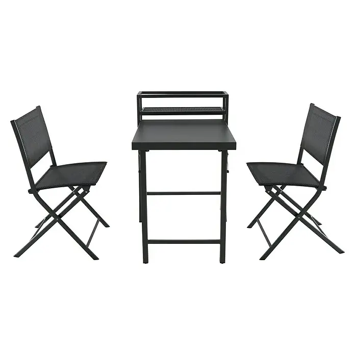 Sunfun Maja Balkonmöbel-Set - 3 -tlg., Anthrazit - Bild eines schwarzen Bistrotisches mit Ablage und zwei Klappstühlen, ideal für kleine Räume oder Balkone.