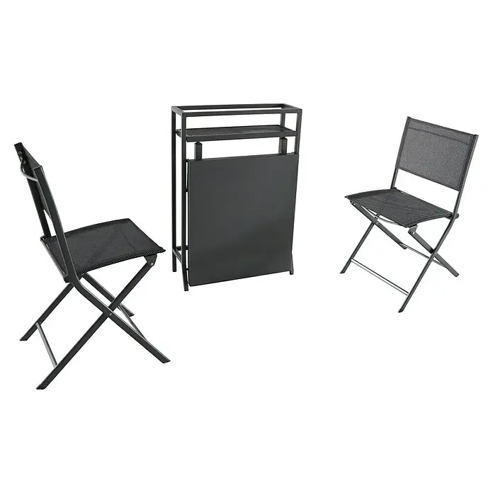 Sunfun Maja Balkonmöbel-Set - 3 -tlg., Anthrazit - Das Bild zeigt ein Set aus einem Klapptisch und zwei Klappstühlen, alle in einem modernen, dunklen Design. Das Set ist ideal für kleine Räume oder Balkone.