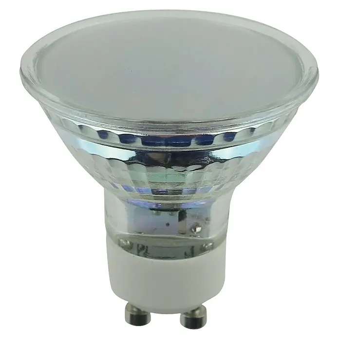 Voltolux LED-Lampe Reflektor GU10 - GU10, Nicht Dimmbar, Warmweiß, 350 lm, 4 W, Matt - Nahaufnahme einer GU10 LED-Lampe mit klarem Gehäuse und zwei Stiften, die für energieeffiziente Beleuchtung sorgt.