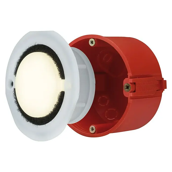 Paulmann Special Line LED-Einbauleuchte - 1,4 W, Weiß, Warmweiß, IP65 - Nahaufnahme einer runden LED-Leuchte, die aus einer roten Wandhalterung herausgenommen wird. Das LED-Licht hat einen weißen Rahmen.