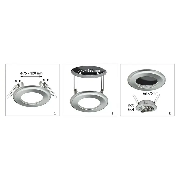 Paulmann Einbauadapter - Metall, Durchmesser: 13 cm, Weiß - Produktansicht eines Deckeneinbauspots in drei Ansichten mit Größenangaben für die Lochbohrung.