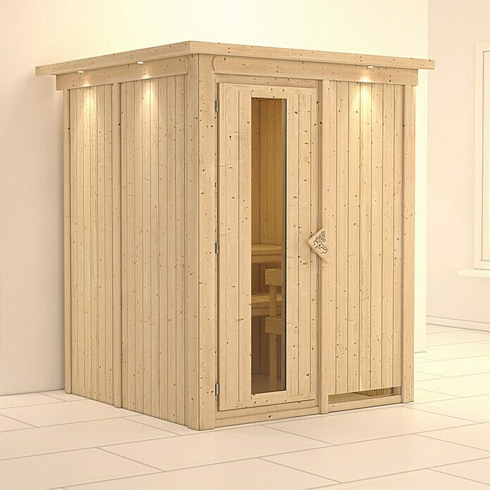 Karibu Systemsauna Norin (Ohne Ofen, Mit Dachkranz und Beleuchtung, Massivholz, 151 x 151 x 198 cm)