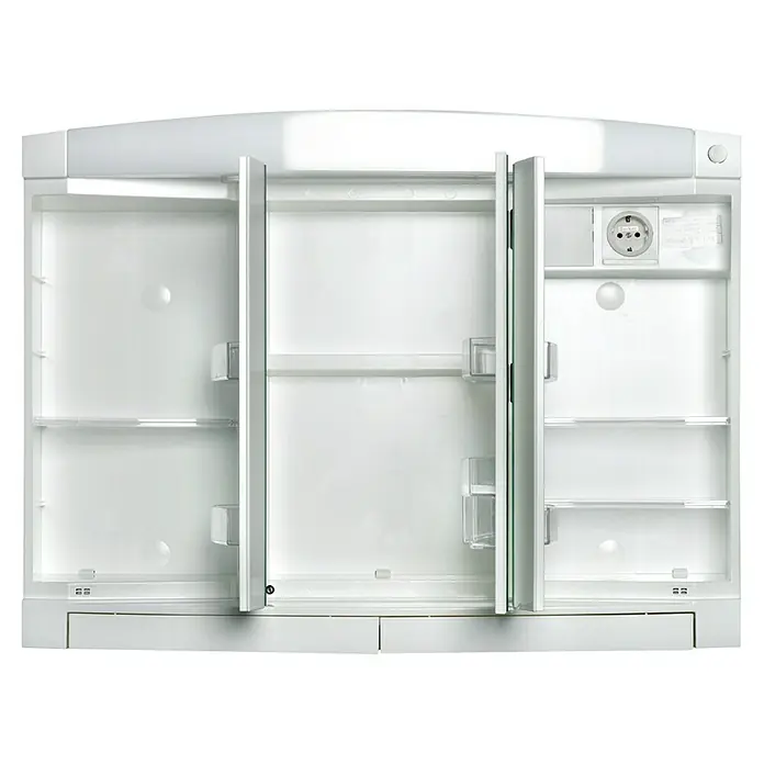Jokey Spiegelschrank Swing - B x H: 76 x 58 cm, Kunststoff, Weiß - Hier ist ein dreitüriger, weißer Spiegelschrank mit Einlegeböden und einer Steckdose im Innenraum. Ideal für Badezimmer und Gäste-WCs.
