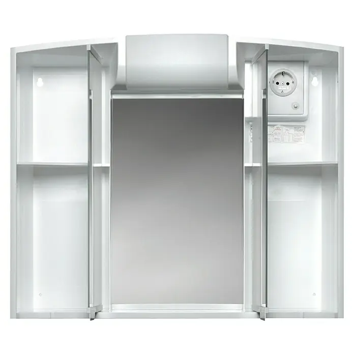 Jokey Spiegelschrank Angy - B x H: 59 x 50 cm, Weiß - Aufnahme eines weißen Spiegelschrankes mit offenen Regalen und einer Steckdose. Ideal für Badezimmer zur Aufbewahrung und zum Aufladen von Geräten.