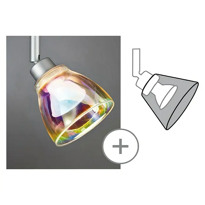 Paulmann DecoSystems Lampenschirm Wolbi - Durchmesser: 9 cm, Dichroic, Glas, Rund - Nahaufnahme einer schillernden Glas-Spotleuchte, die ein faszinierendes Farbspektrum zeigt, ergänzt durch eine schematische Darstellung.