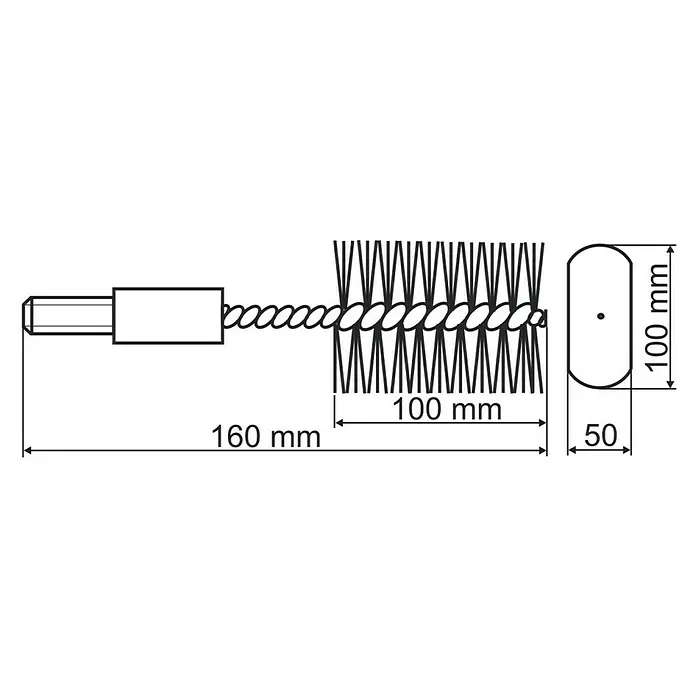Profilbürstenkopf - 100 x 50 mm, Geeignet für: Reinigung von Ofenrohren - Abbildung einer Reinigungsbürste mit den Maßen 160 mm Länge, 100 mm Borstenlänge und einem Bürstenkopf von 100 x 50 mm.