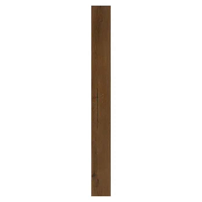 Parkettmuster Eiche Nero - 280 x 160 x 15 mm, Landhausdiele - Abbildung einer einzelnen, länglichen, braunen Holzdiele mit deutlicher Maserung und einem feinen, dunklen Riss.