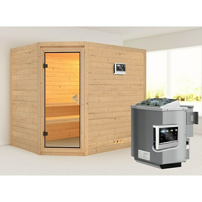 Karibu Massivholzsauna Tanami (Mit Sauna Bio-Ofen 9 kW inkl. Steuerung Easy, Ohne Dachkranz, 184 x 236 x 209 cm)