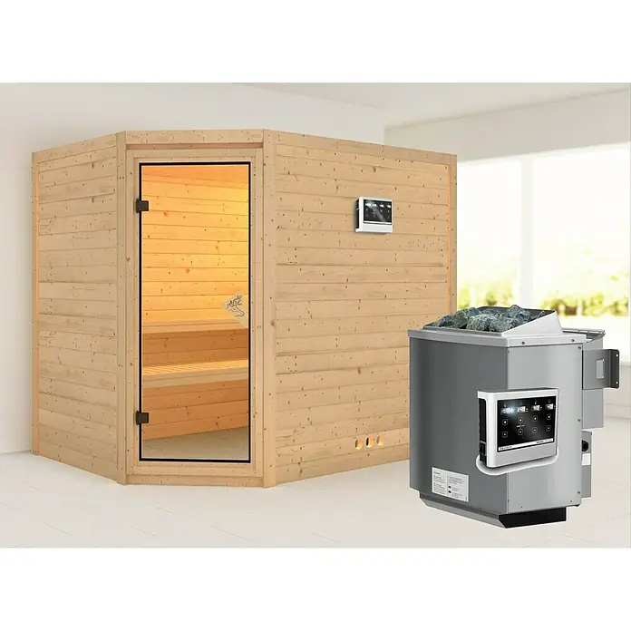 Karibu Massivholzsauna Tanami - Mit 9 kW Bio-Ofen mit externer Steuerung, Ohne Dachkranz, L x B x H: 231 x 196 x 192 cm - Sauna mit Holzverkleidung, Glastür und Saunaofen mit Steinen, ideal für entspannende Wellness-Momente zu Hause.