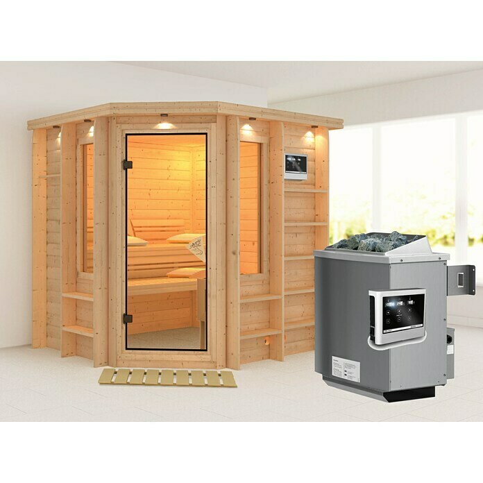 Karibu Massivholzsauna Cortona (Mit 9 kW Ofen mit externer Steuerung, Mit Dachkranz und Beleuchtung, L x B x H: 224 x 210 x 192 cm)