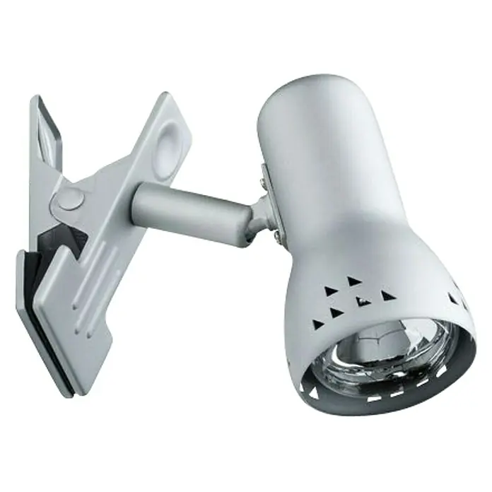 Paulmann Klemmspot Gryps - 40 W, Silber - Eine silberne Klemmleuchte mit einem verstellbaren Kopf und einem hellen Leuchtmittel, ideal für punktuelle Beleuchtung.