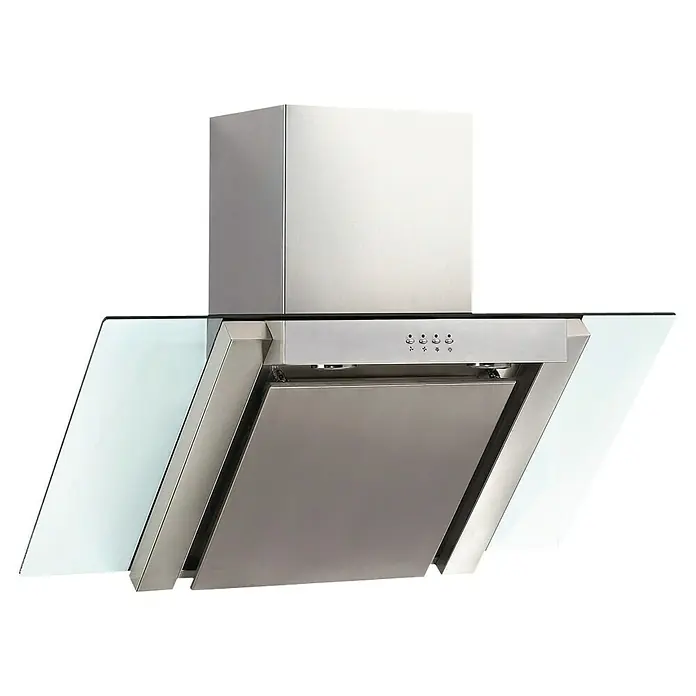Respekta Schräghaube Zirkon - Breite: 60 cm, Max. Gebläseleistung Abluftbetrieb: 575 m³/h, Edelstahl - Edelstahl-Dunstabzugshaube mit Glasakzenten, die eine moderne und funktionale Küchenergänzung darstellt.