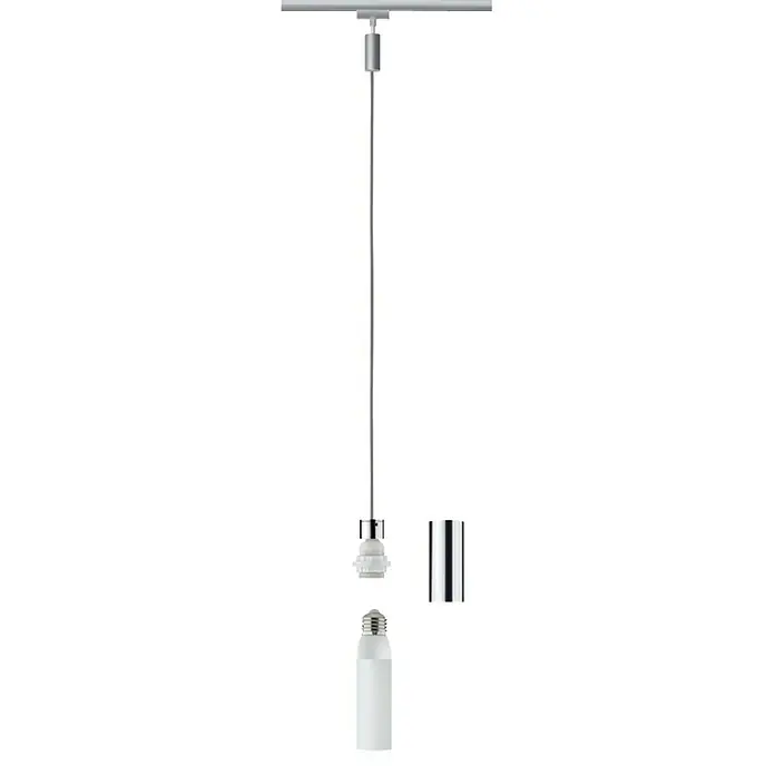 Paulmann URail 2Easy Pendelleuchte Basic - 20 W, Chrom, Höhe: 150 cm - Nahaufnahme einer zerlegten Hängelampe mit LED-Birne, Fassung und Kabelaufhängung, ideal für moderne Innenräume.
