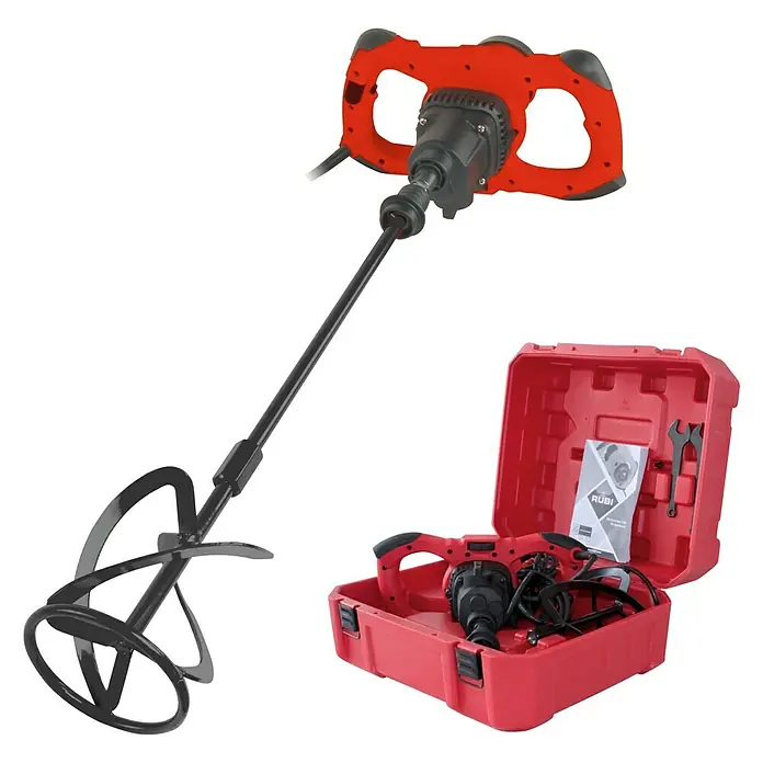 Rubi Mezclador de pintura y mortero RUBIMIX-16 ERGOMAX - 1.600 W, Diámetro paleta de mezcla: 140 mm - La imagen muestra un mezclador Rubi con un agitador espiral y una maleta de transporte roja, ideal para mezclar materiales.