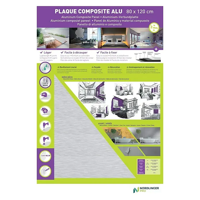 Panel de aluminio y composite Aluminio Cepillado - 120 cm x 80 cm x 3 mm, Aluminio, Plateado - Panel composite de aluminio de 80 x 120 cm: Ligero, fácil de cortar/fijar, ideal para revestimientos de paredes, fachadas, decoración y renovación.
