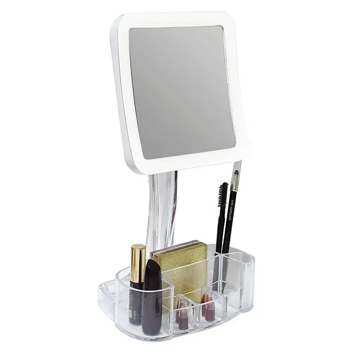 Espejo cosmético LED - 16 x 33 cm, Cuadrado, Transparente, Aumento 2: 1.000 % - Organizador de cosméticos con espejo y varios compartimentos para guardar artículos de maquillaje como labiales y delineadores.