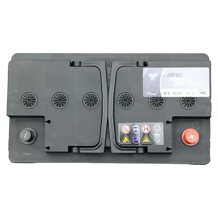 Cartec Autobatterie Power AGM 80 AH 760 A KSN A03 - 80 Ah, 12 V - Schwarze CARTEC AGM Autobatterie mit rotem Plus- und schwarzem Minuspol, 12V, 80Ah, 760A und Sicherheitssymbolen.