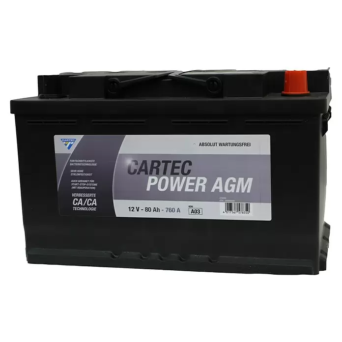 Cartec Autobatterie Power AGM 80 AH 760 A KSN A03 - 80 Ah, 12 V - Schwarze CARTEC POWER AGM Autobatterie mit roter Kappe, 12V 80Ah 760A, wartungsfrei, für Start-Stopp-Systeme.