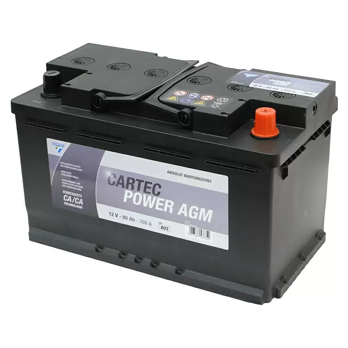Cartec Autobatterie Power AGM 80 AH 760 A KSN A03 - 80 Ah, 12 V - Schwarze CARTEC Power AGM Autobatterie mit 12V-80Ah-760A Spezifikationen, wartungsfrei.