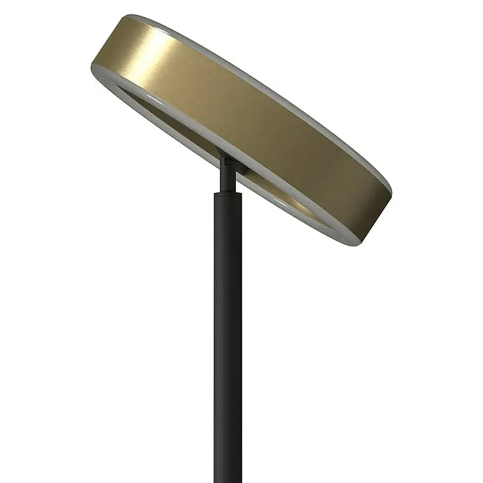 Tween Light LED-Stehleuchte Orlando - Höhe: 180 cm, Sandschwarz, Messing gebürstet, Warmweiß - Moderne Stehlampe mit einem goldenen, kreisförmigen Lampenschirm und einem schlanken, schwarzen Ständer, die ein elegantes Design aufweist.
