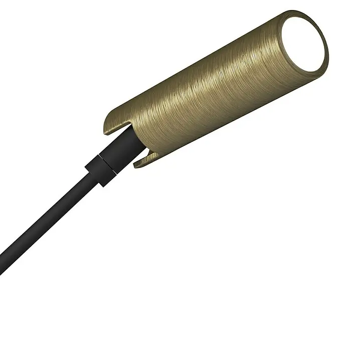Tween Light LED-Stehleuchte Orlando - Höhe: 180 cm, Sandschwarz, Messing gebürstet, Warmweiß - Nahaufnahme einer modernen, zylindrischen Wandleuchte in Gold mit einem schwarzen Kabel, die ein elegantes Design und eine helle Lichtquelle zeigt.