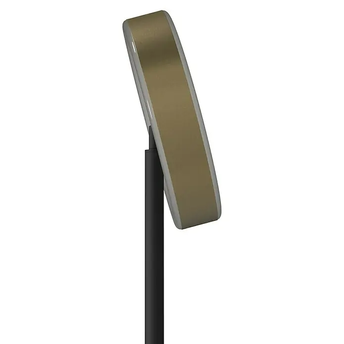 Tween Light LED-Stehleuchte Orlando - Höhe: 180 cm, Sandschwarz, Messing gebürstet, Warmweiß - Ein stilvoller, runder Standspiegel mit goldenem Rahmen auf einem schlanken, schwarzen Ständer. Perfekt für moderne Einrichtungen.