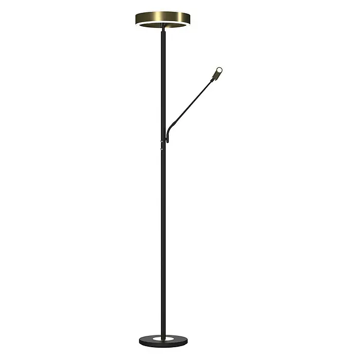 Tween Light LED-Stehleuchte Orlando - Höhe: 180 cm, Sandschwarz, Messing gebürstet, Warmweiß - Eine moderne Stehlampe in Schwarz mit einem goldenen Lampenschirm und einem verstellbaren Leselicht. Elegant und funktional.