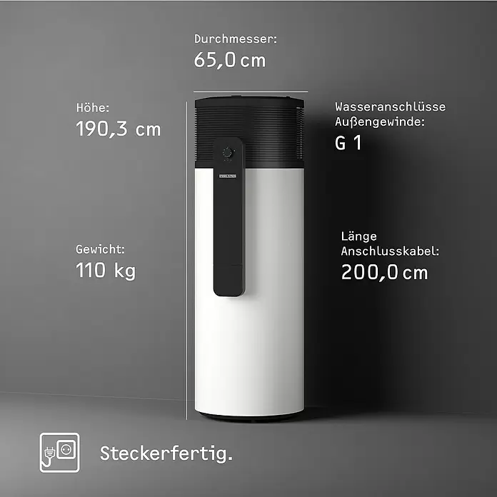 Stiebel Eltron Warmwasser-Wärmepumpe WWK-I 300 W Plus - Heizleistung: 1,845 W, Fassungsvermögen: 294 l - Hohes, zylindrisches Gerät in Schwarz und Weiß, vermutlich eine Wärmepumpe oder Warmwasserspeicher, mit Bedienfeld und steckerfertig.